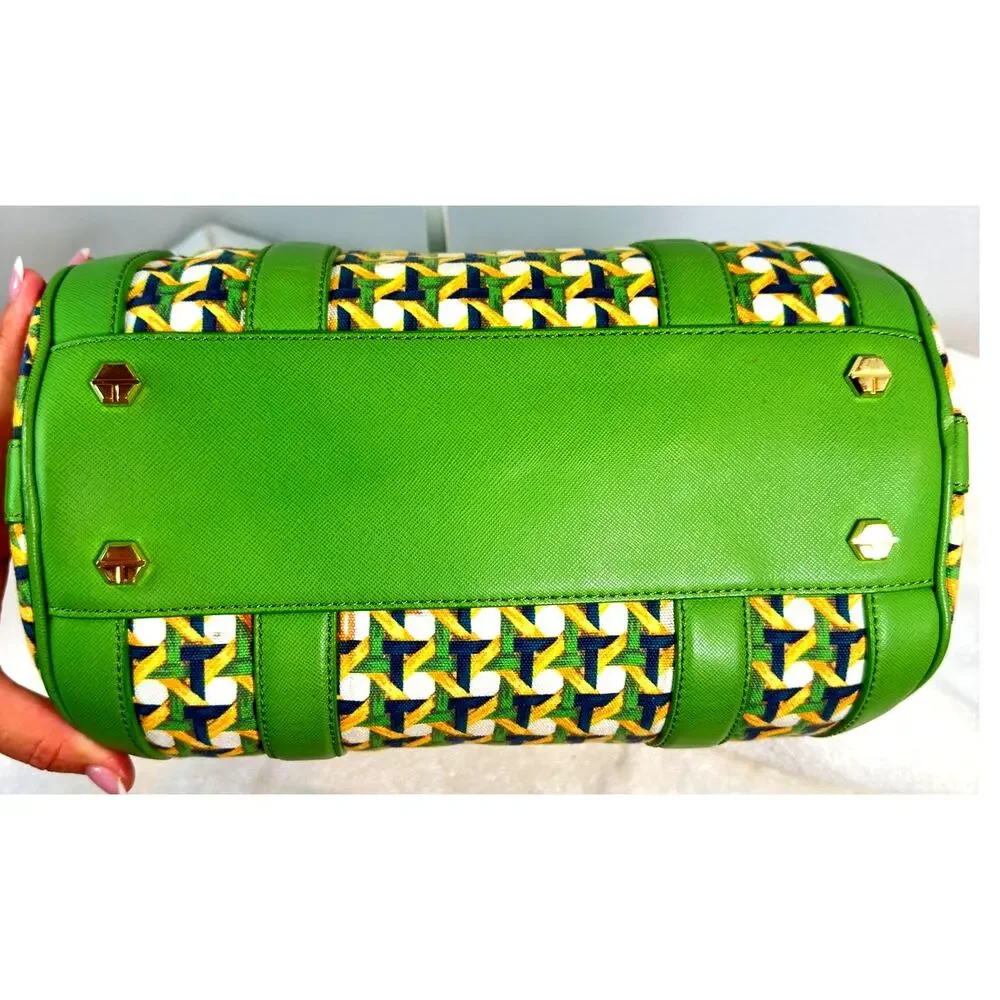 Tory Burch Green Nylon & Leather Boston Satchel Gold Hardware Bag Charm